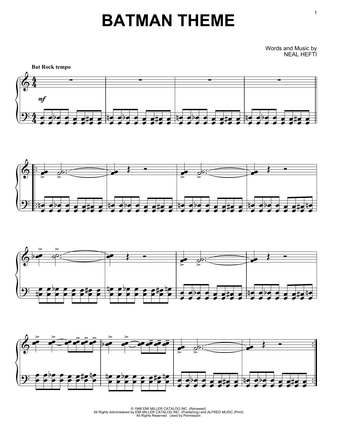 Neal Hefti Batman Theme sheet music notes printable PDF score