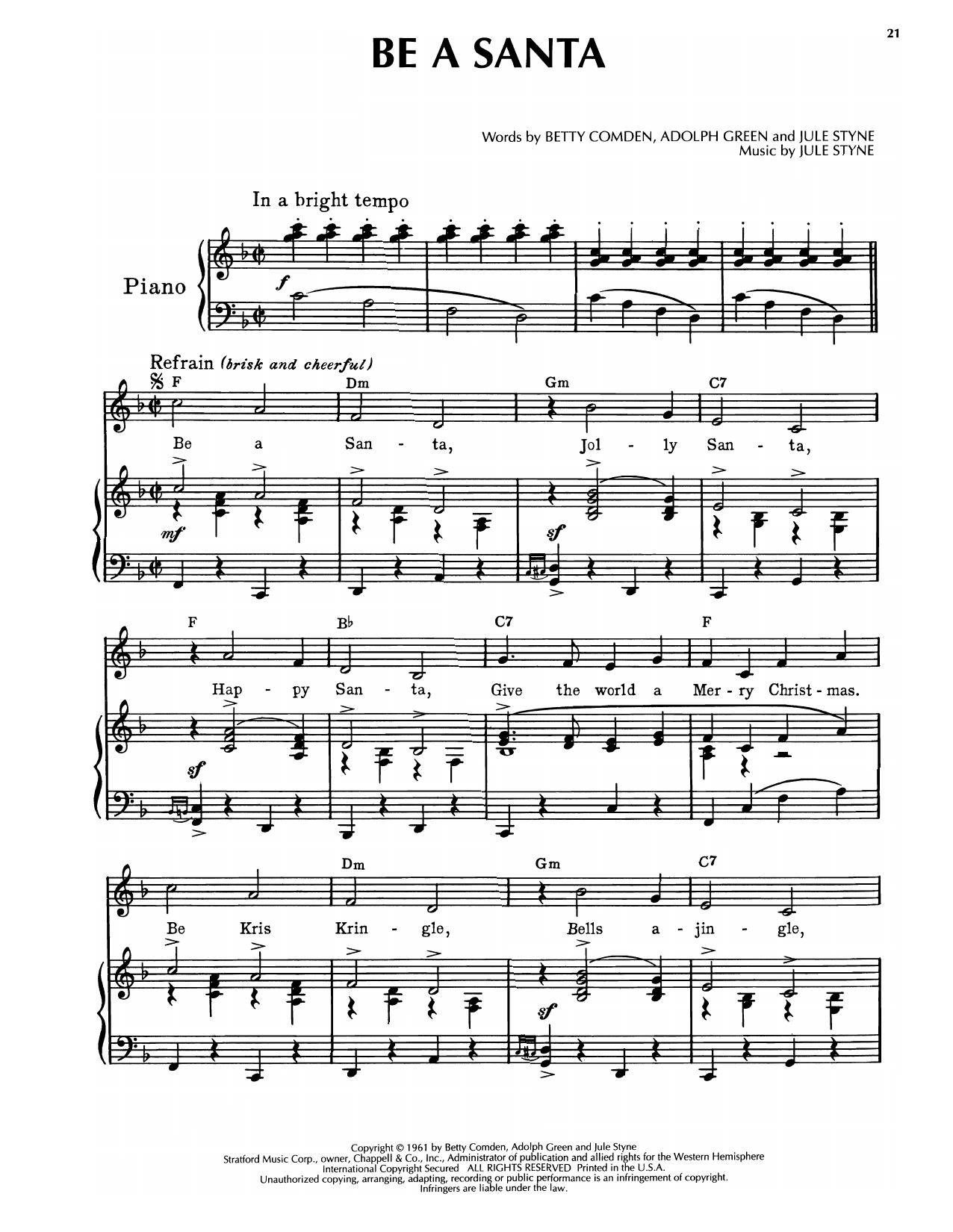 Download Jule Styne Be A Santa (from Subways Are For Sleepi Sheet Music