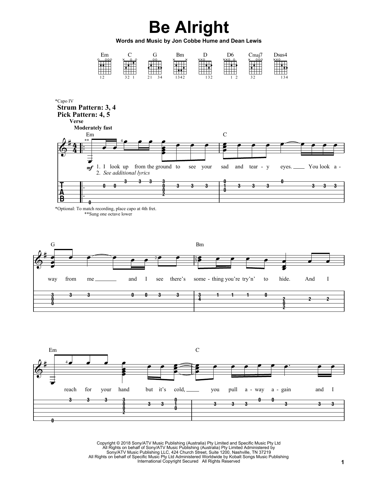 Download Dean Lewis Be Alright Sheet Music