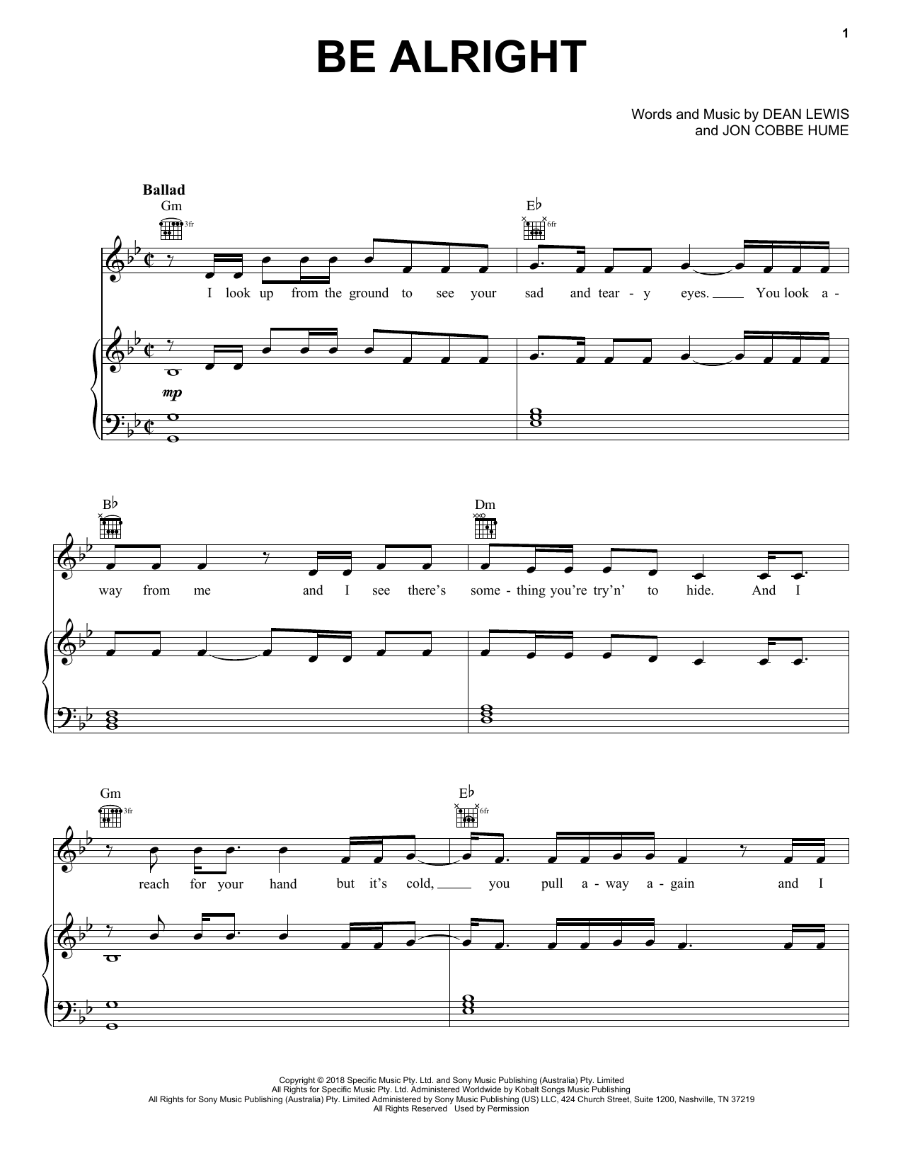 Download Dean Lewis Be Alright Sheet Music