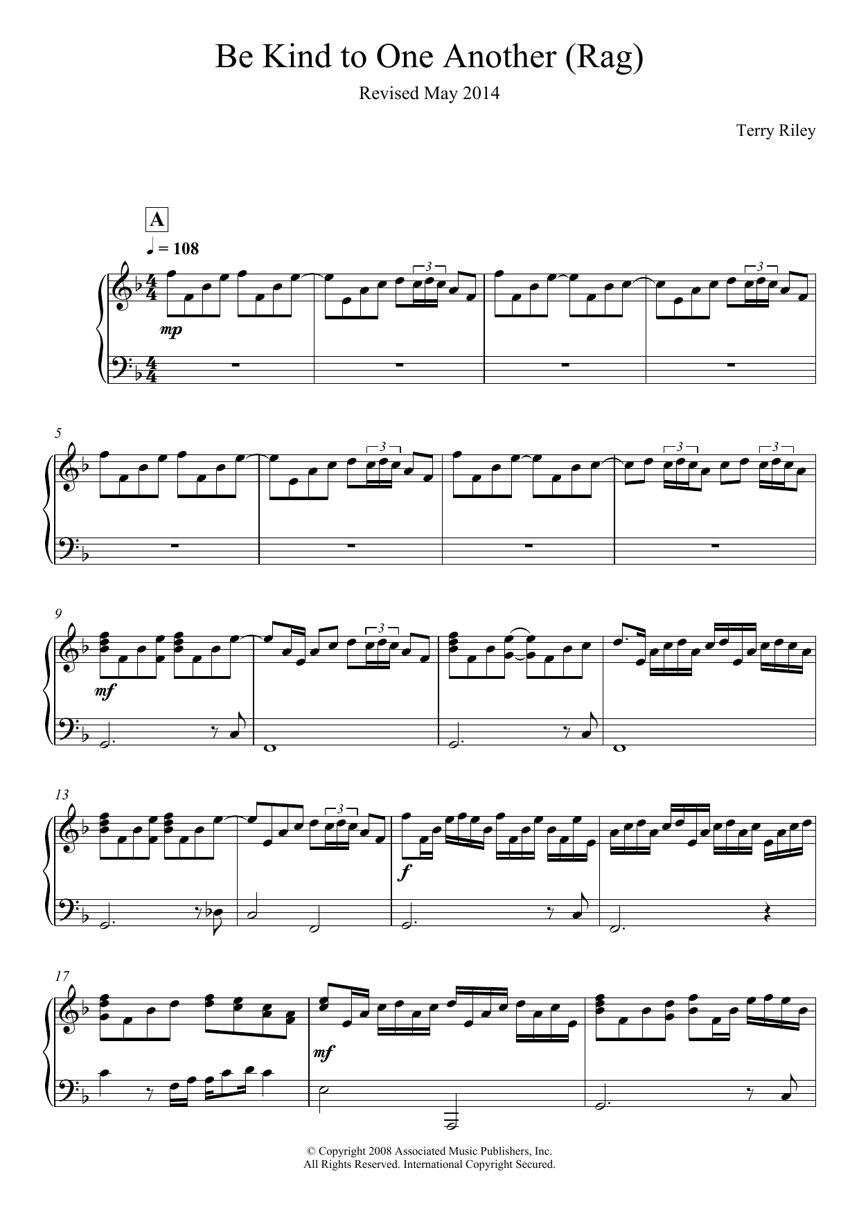 Download Terry Riley Be Kind To One Another (Rag) Sheet Music