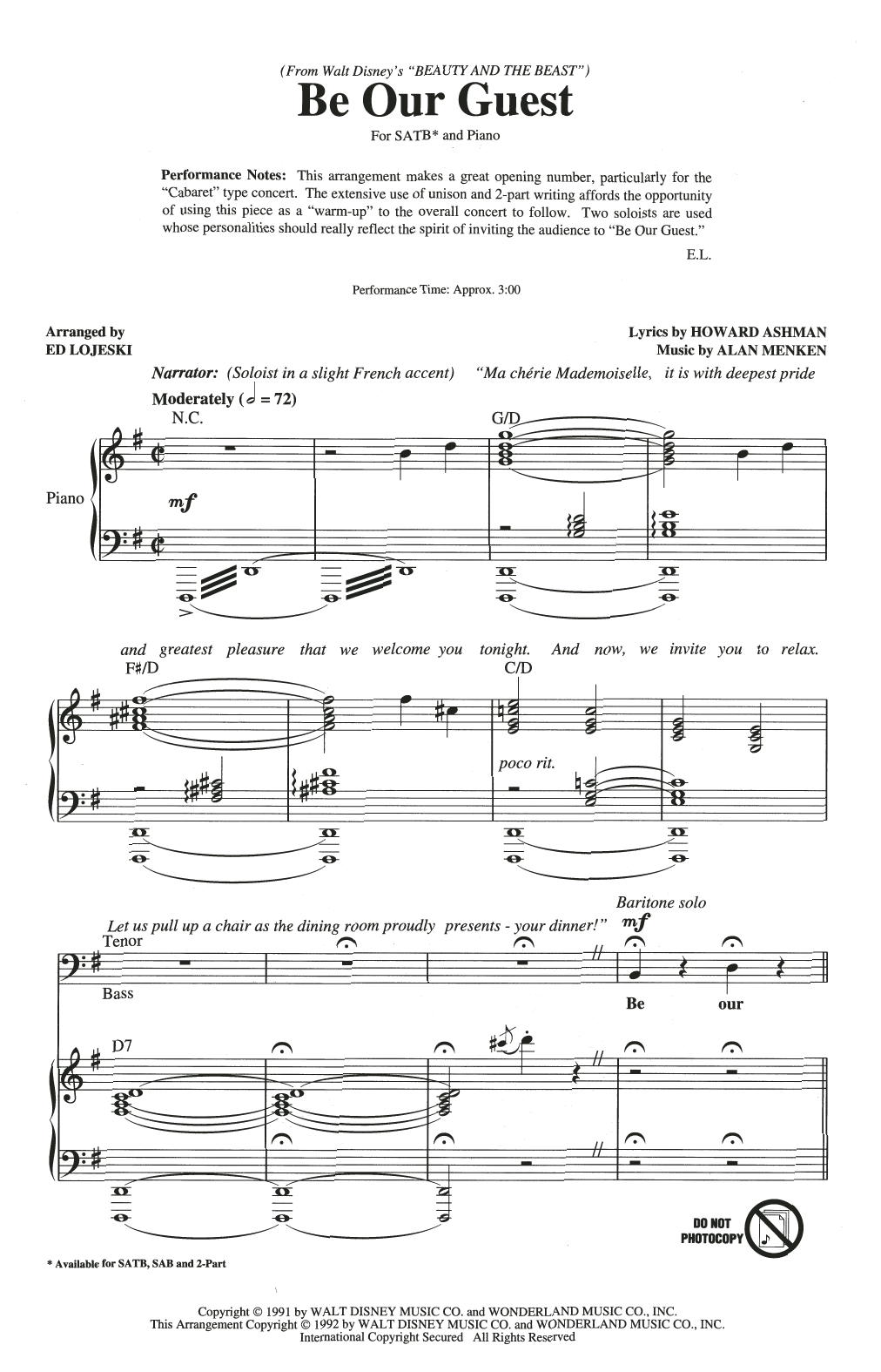 Alan Menken Be Our Guest (from Beauty And The Beast) (arr. Ed Lojeski) sheet music notes printable PDF score