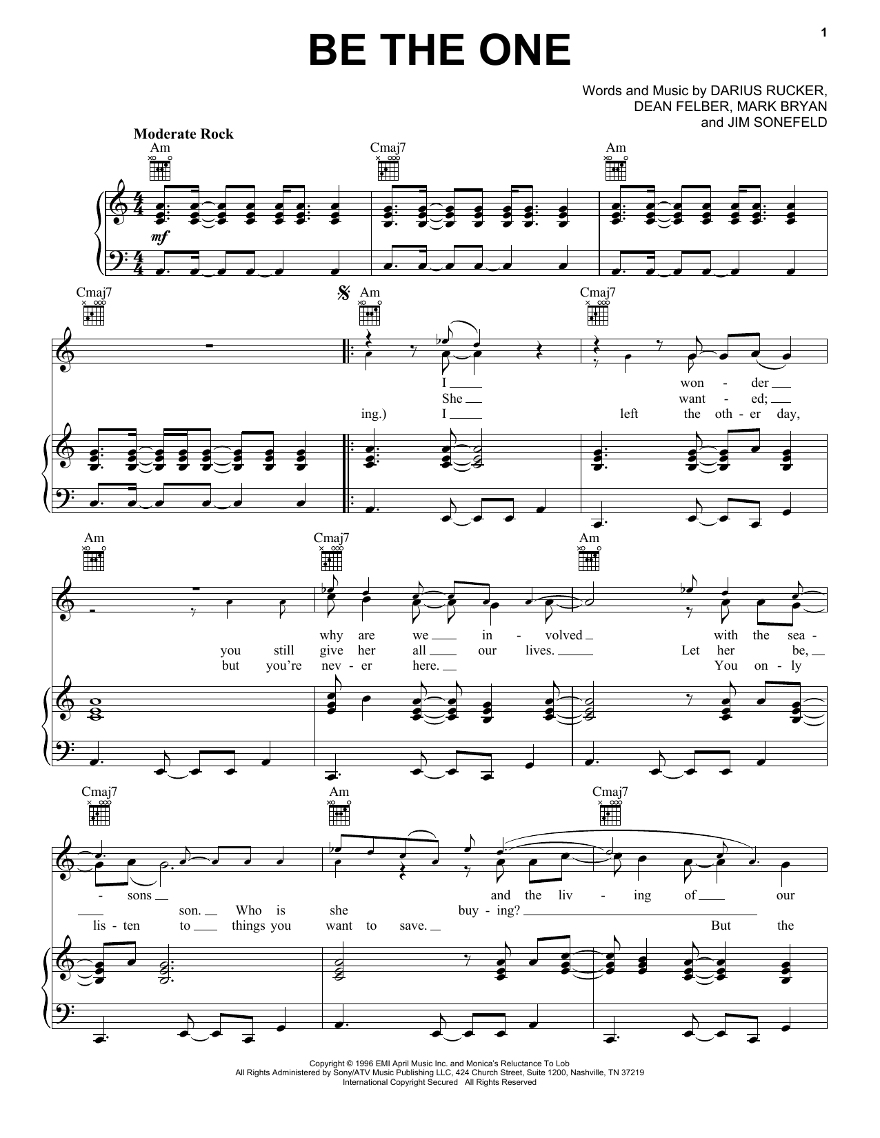 Download Hootie & The Blowfish Be The One Sheet Music