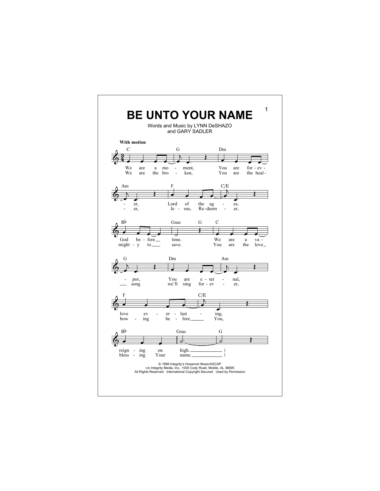 Download Gary Sadler Be Unto Your Name Sheet Music