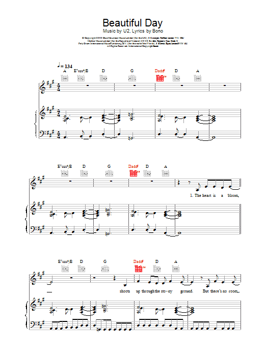 U2 Beautiful Day sheet music notes printable PDF score