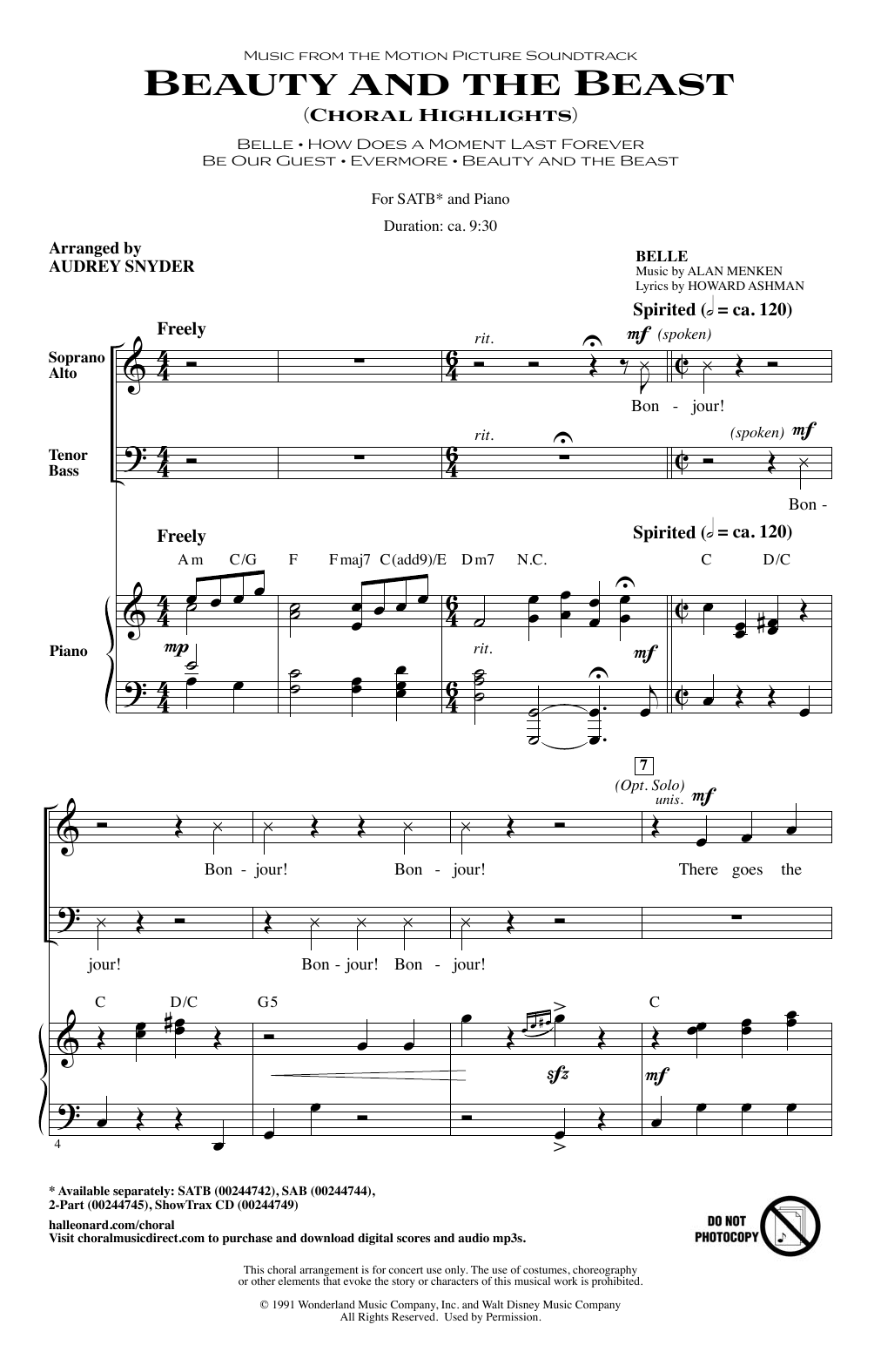 Download Audrey Snyder Beauty and The Beast (Choral Highlights Sheet Music