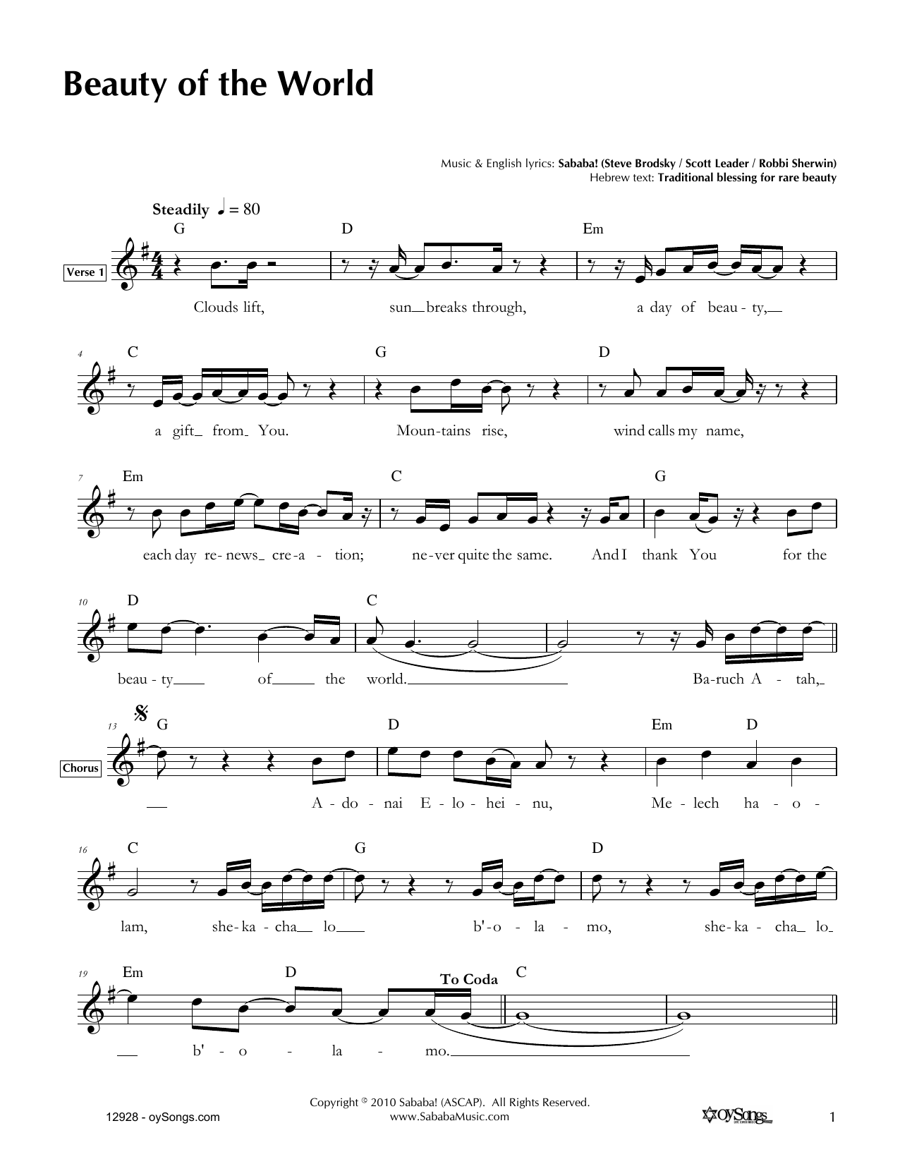 Download Sababa Beauty of the World Sheet Music