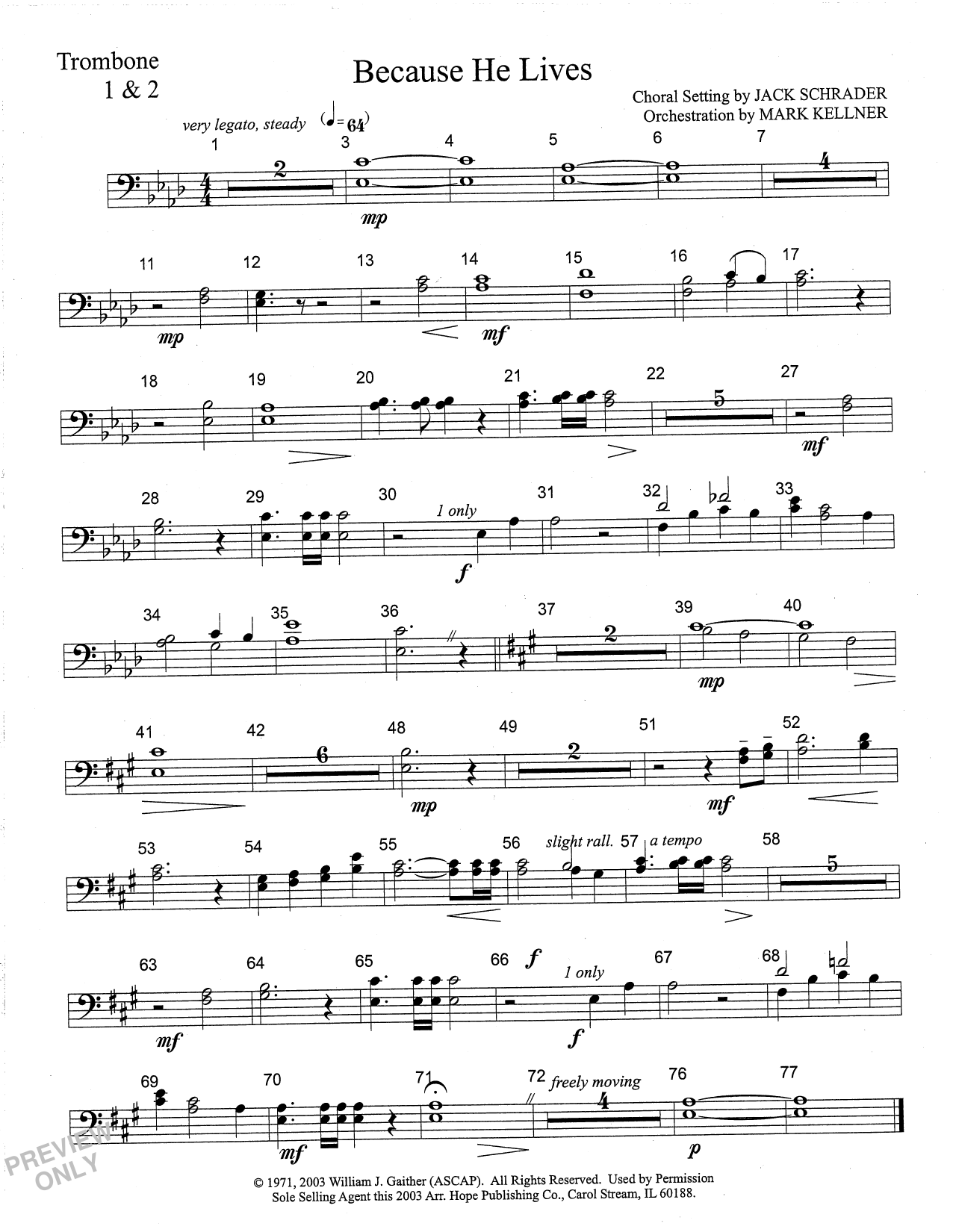 Download Mark Kellner Because He Lives - Trombone 1 & 2 Sheet Music