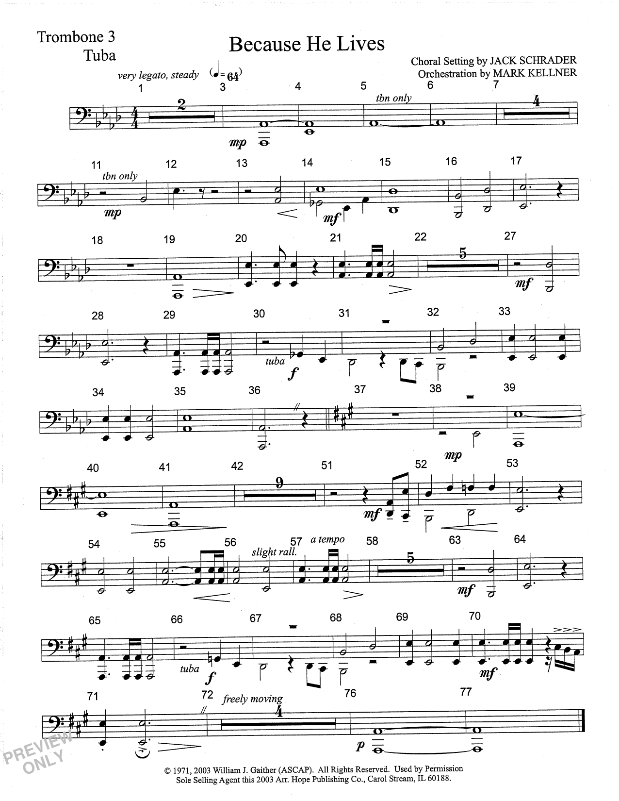 Download Mark Kellner Because He Lives - Trombone 3/Tuba Sheet Music