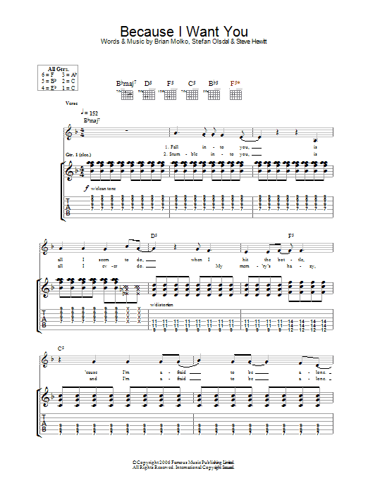 Download Placebo Because I Want You Sheet Music