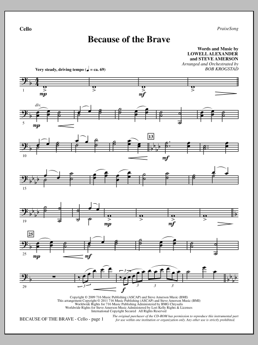 Download Bob Krogstad Because Of The Brave - Cello Sheet Music