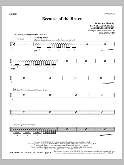 Download Bob Krogstad Because Of The Brave - Drums Sheet Music