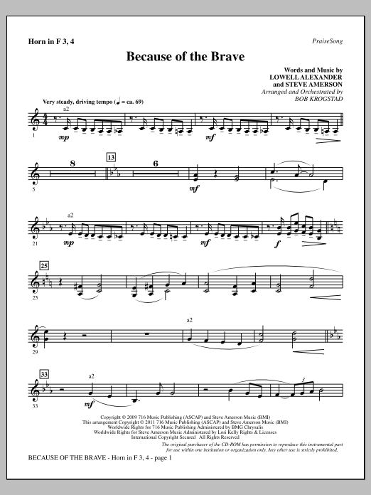 Download Bob Krogstad Because Of The Brave - F Horn 3 & 4 Sheet Music