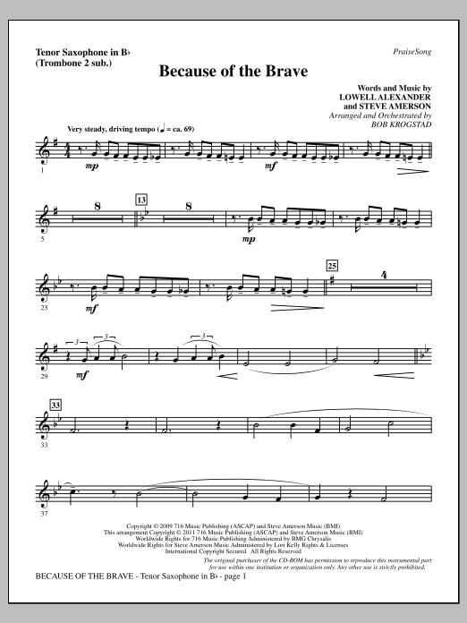 Download Bob Krogstad Because Of The Brave - Tenor Sax (sub. Sheet Music