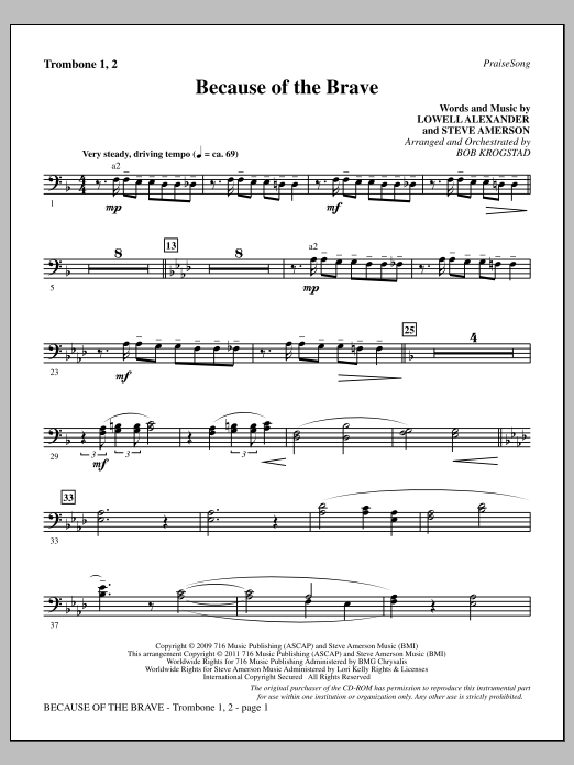 Download Bob Krogstad Because Of The Brave - Trombone 1 & 2 Sheet Music