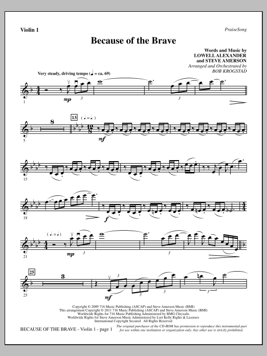 Download Bob Krogstad Because Of The Brave - Violin 1 Sheet Music