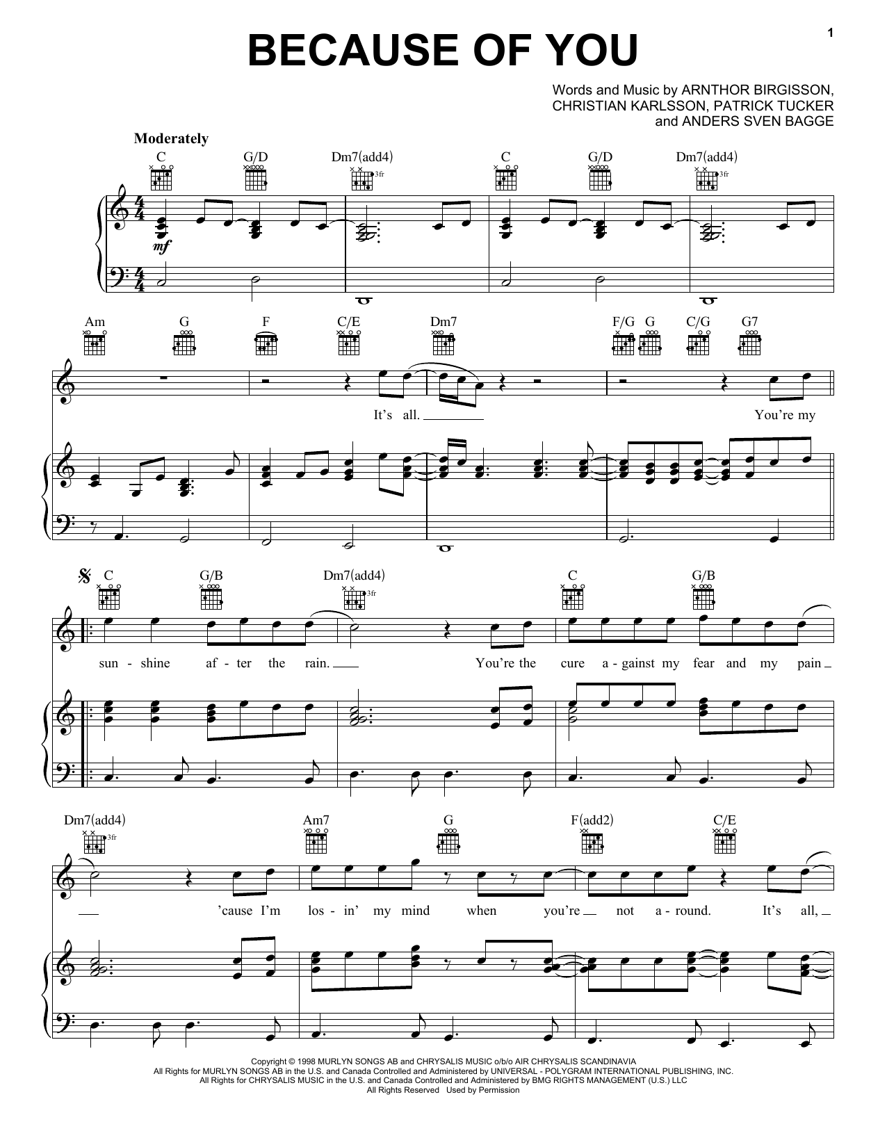 Download 98 Degrees Because Of You Sheet Music