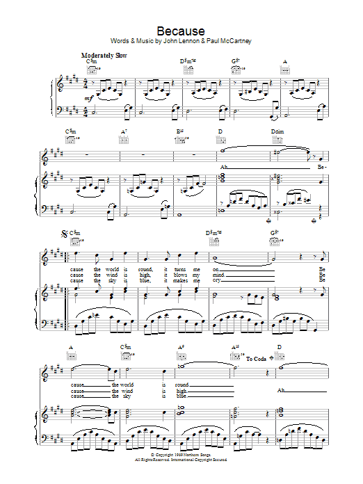 The Beatles Because sheet music notes printable PDF score