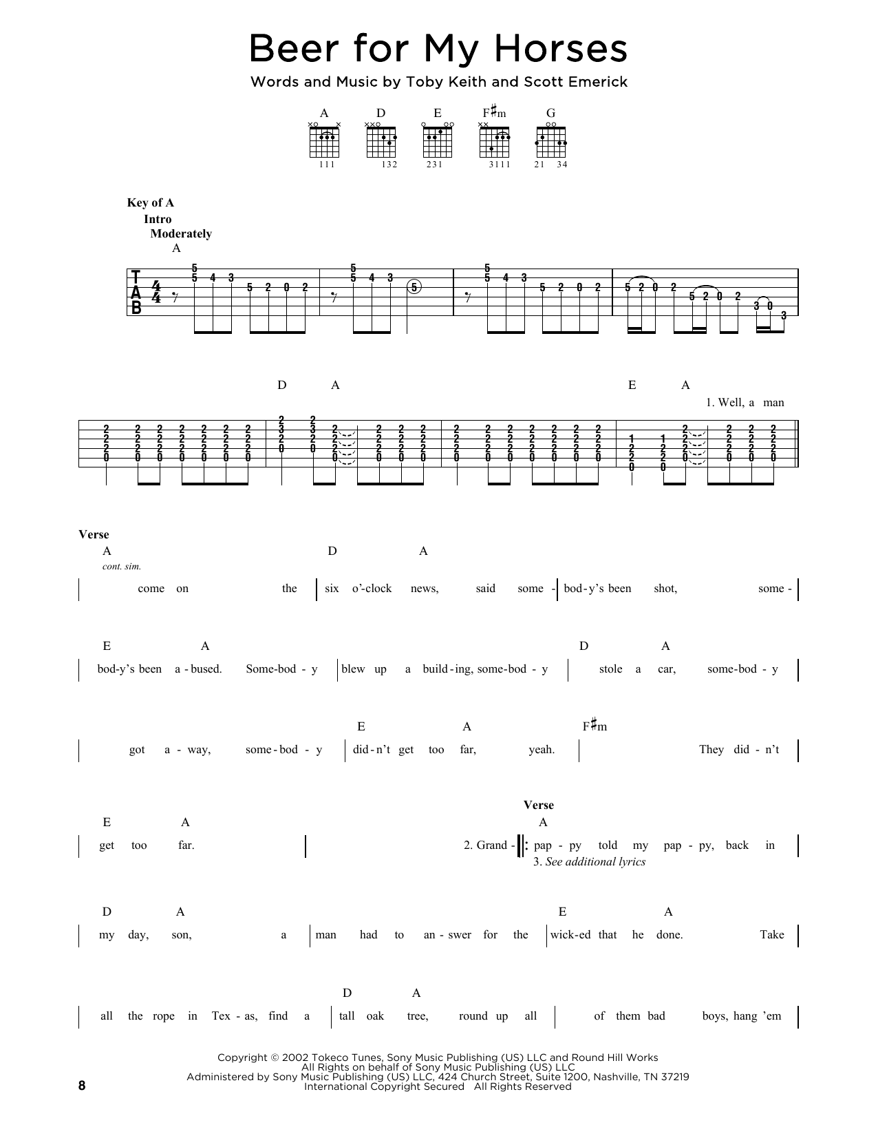 Toby Keith Beer For My Horses sheet music notes printable PDF score
