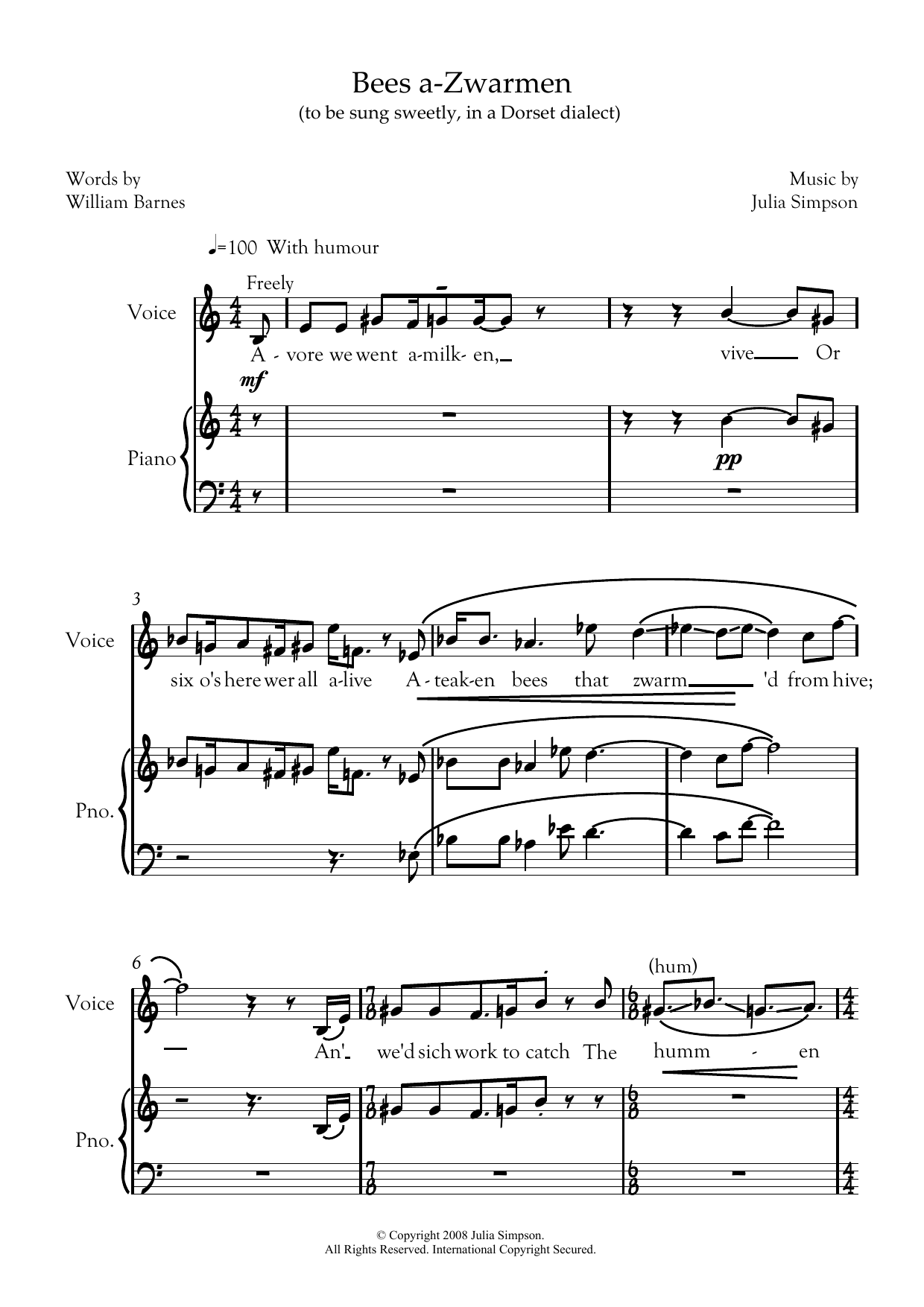 Download Julia Simpson Bees a-zwarmen (for mezzo-soprano & pia Sheet Music
