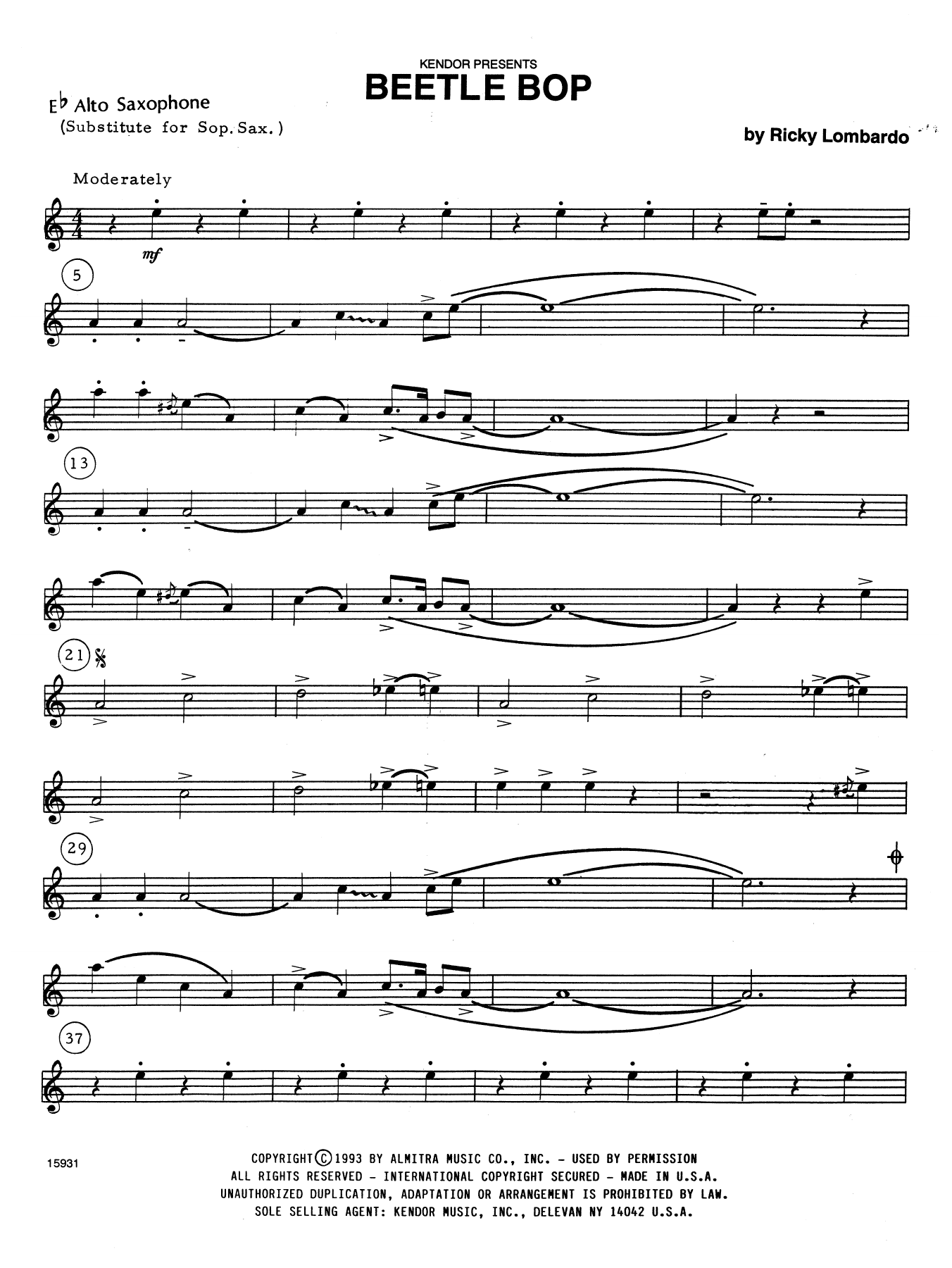 Download Ricky Lombardo Beetle Bop - 1st Eb Alto Saxophone Sheet Music