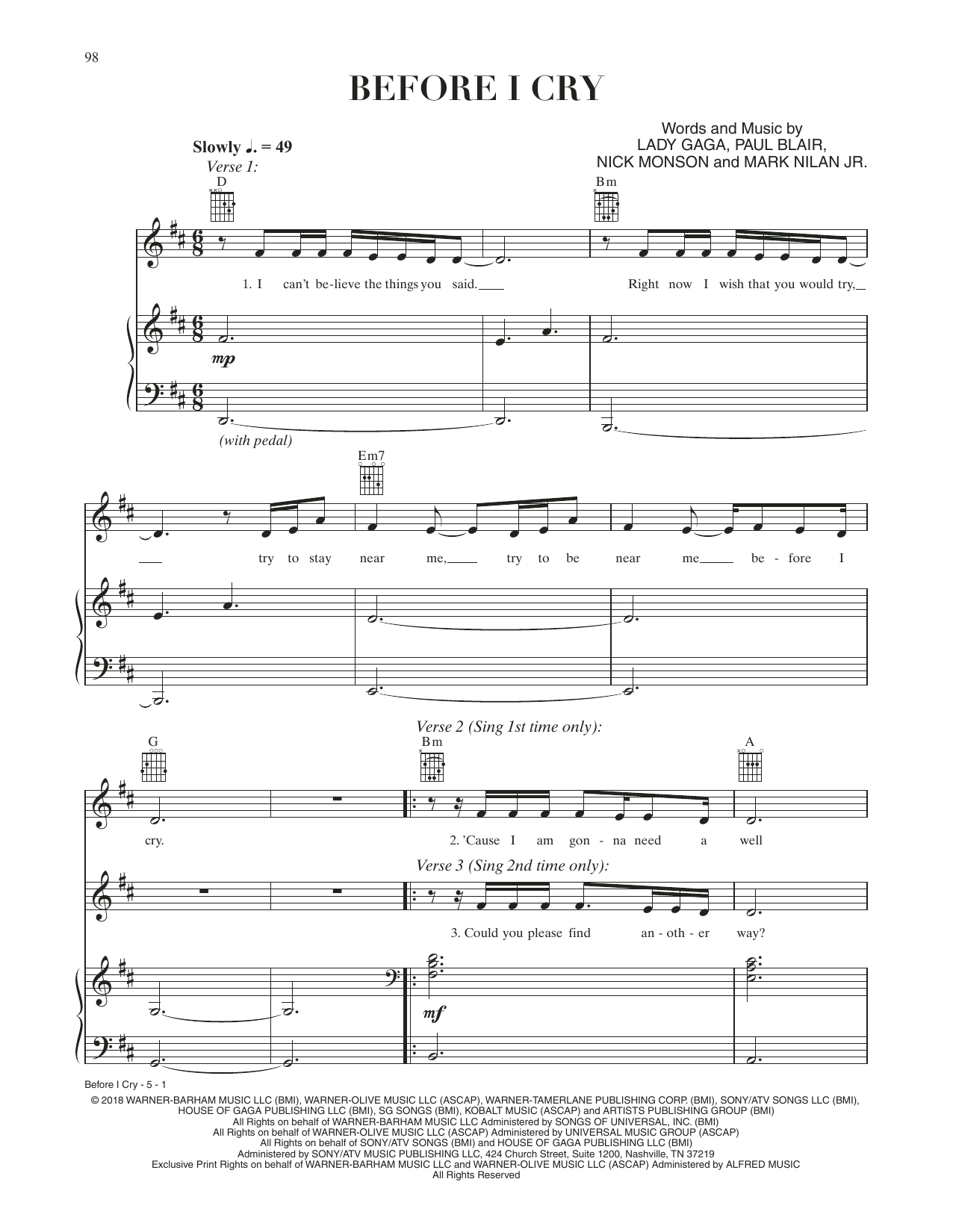 Download Lady Gaga Before I Cry (from A Star Is Born) Sheet Music
