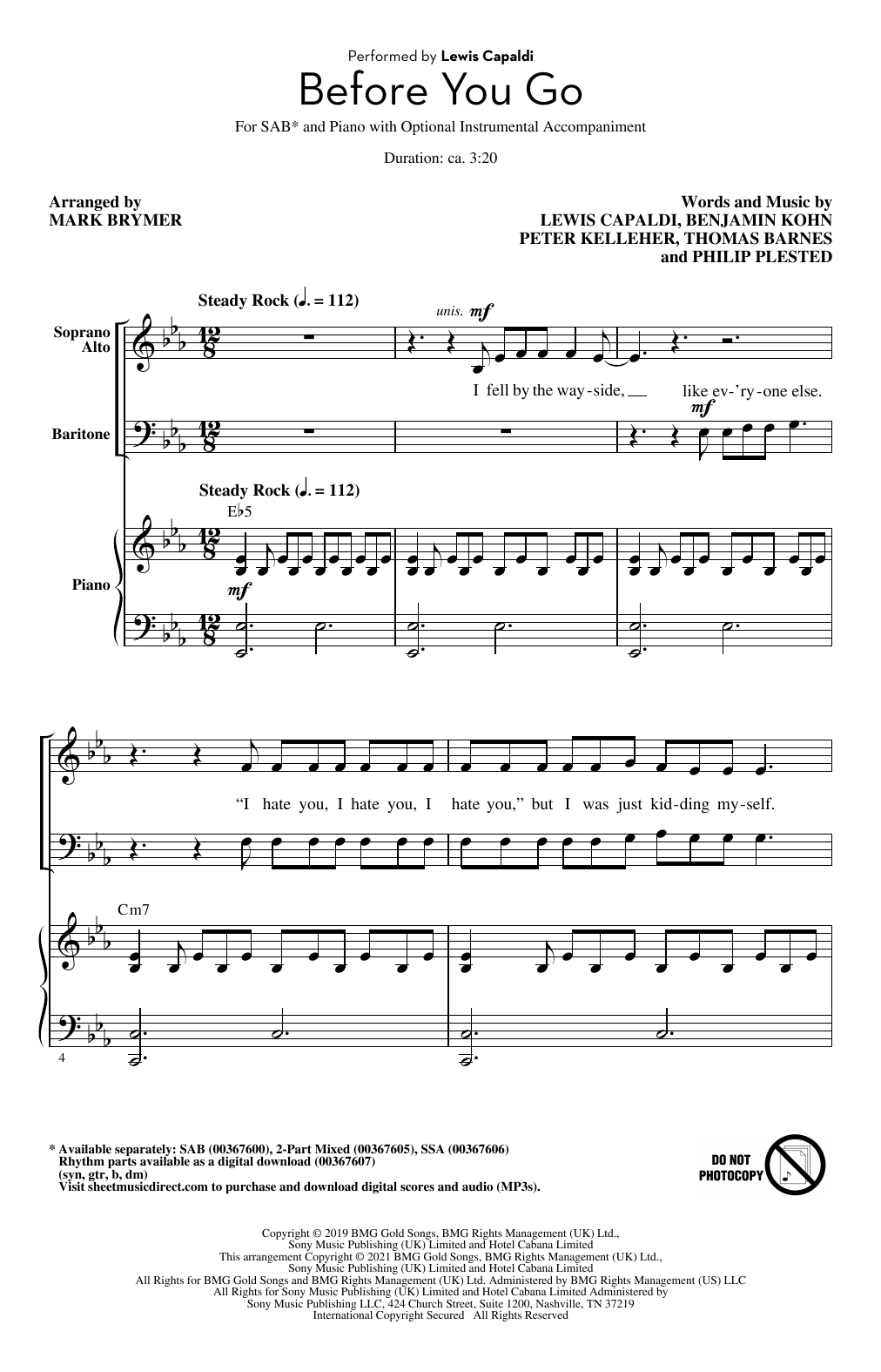 Download Lewis Capaldi Before You Go (arr. Mark Brymer) Sheet Music