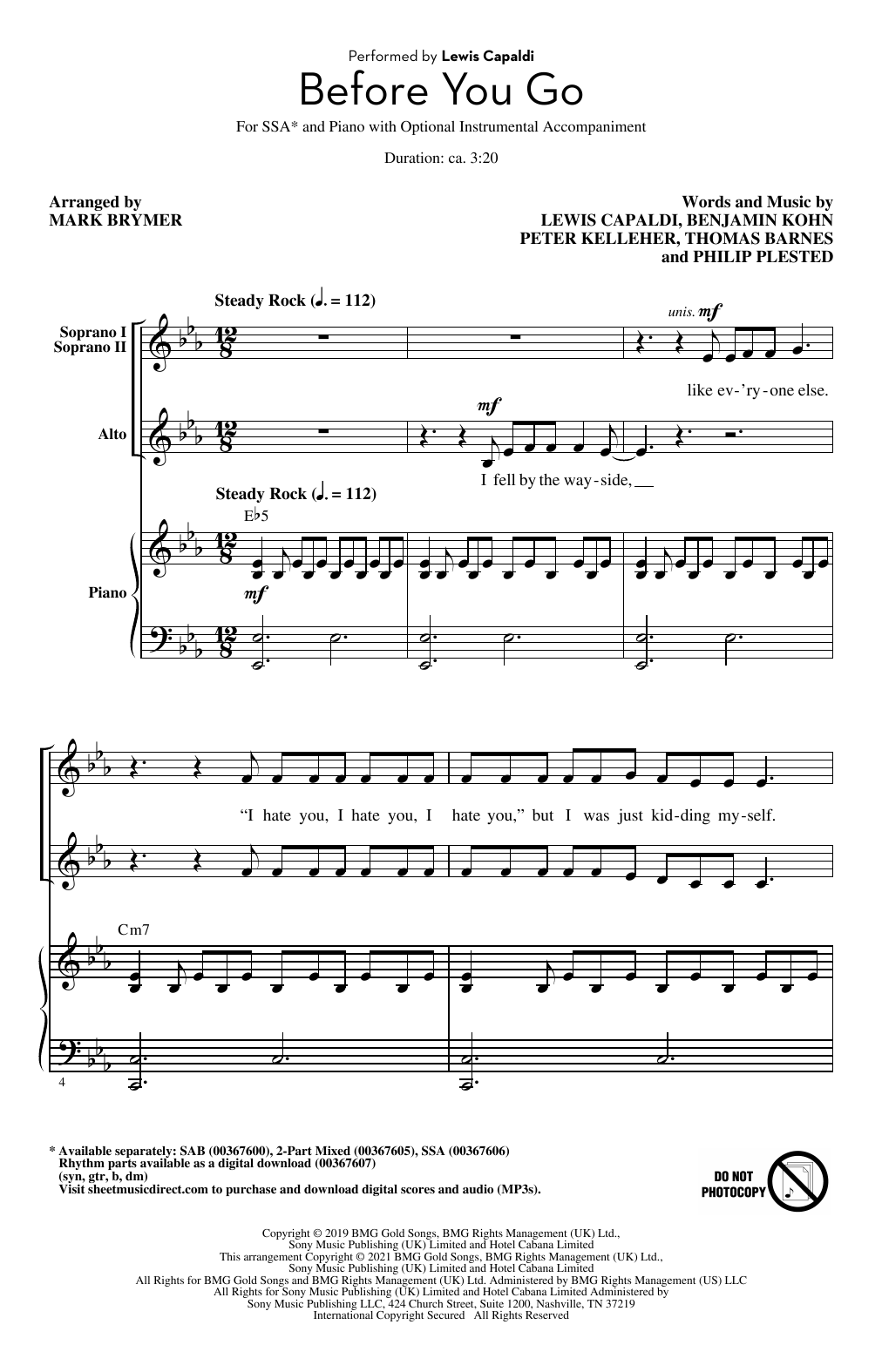 Download Lewis Capaldi Before You Go (arr. Mark Brymer) Sheet Music