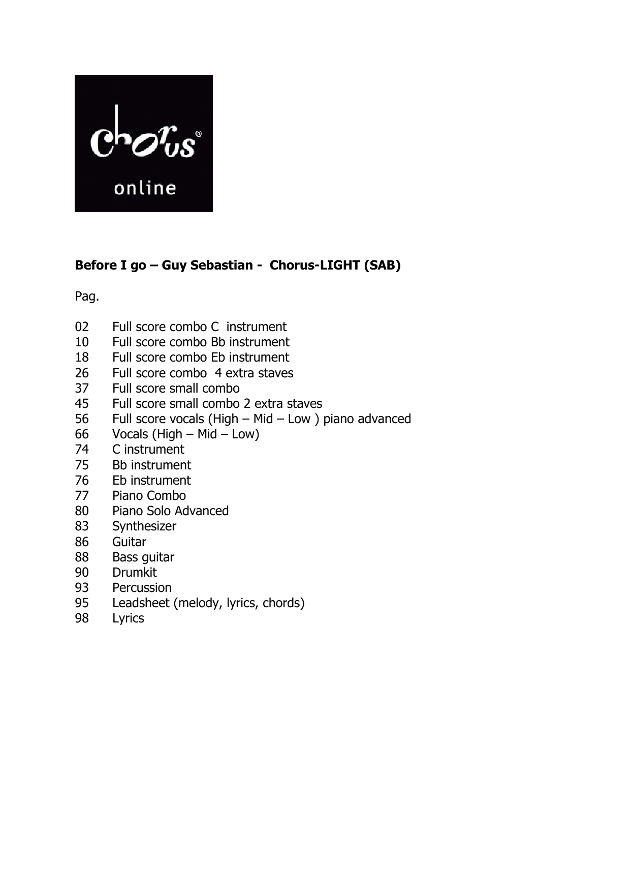 Guy Sebastian Before I Go (arr. Frank de Vreeze) sheet music notes printable PDF score