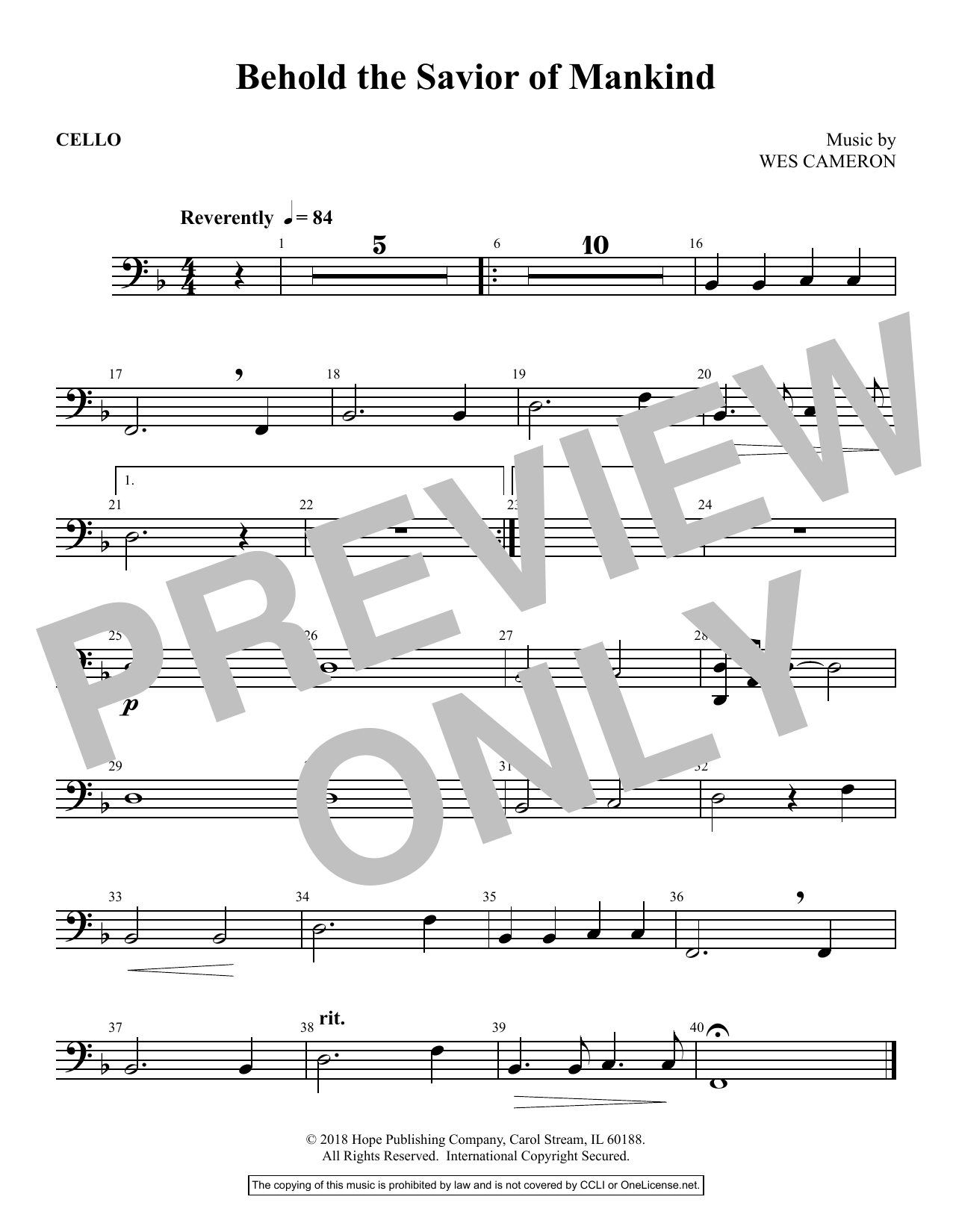 Download Wes Cameron Behold the Savior of Mankind - Cello Sheet Music