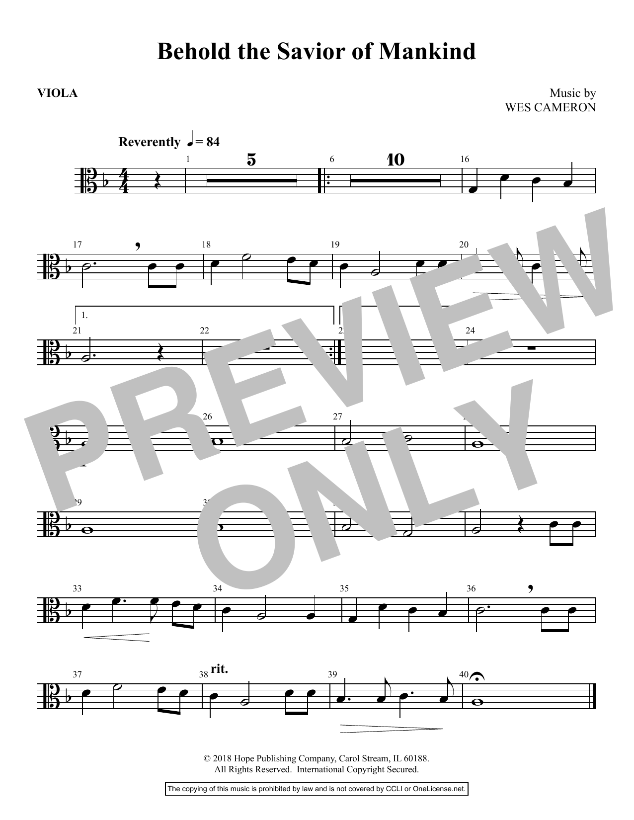 Download Wes Cameron Behold the Savior of Mankind - Viola Sheet Music
