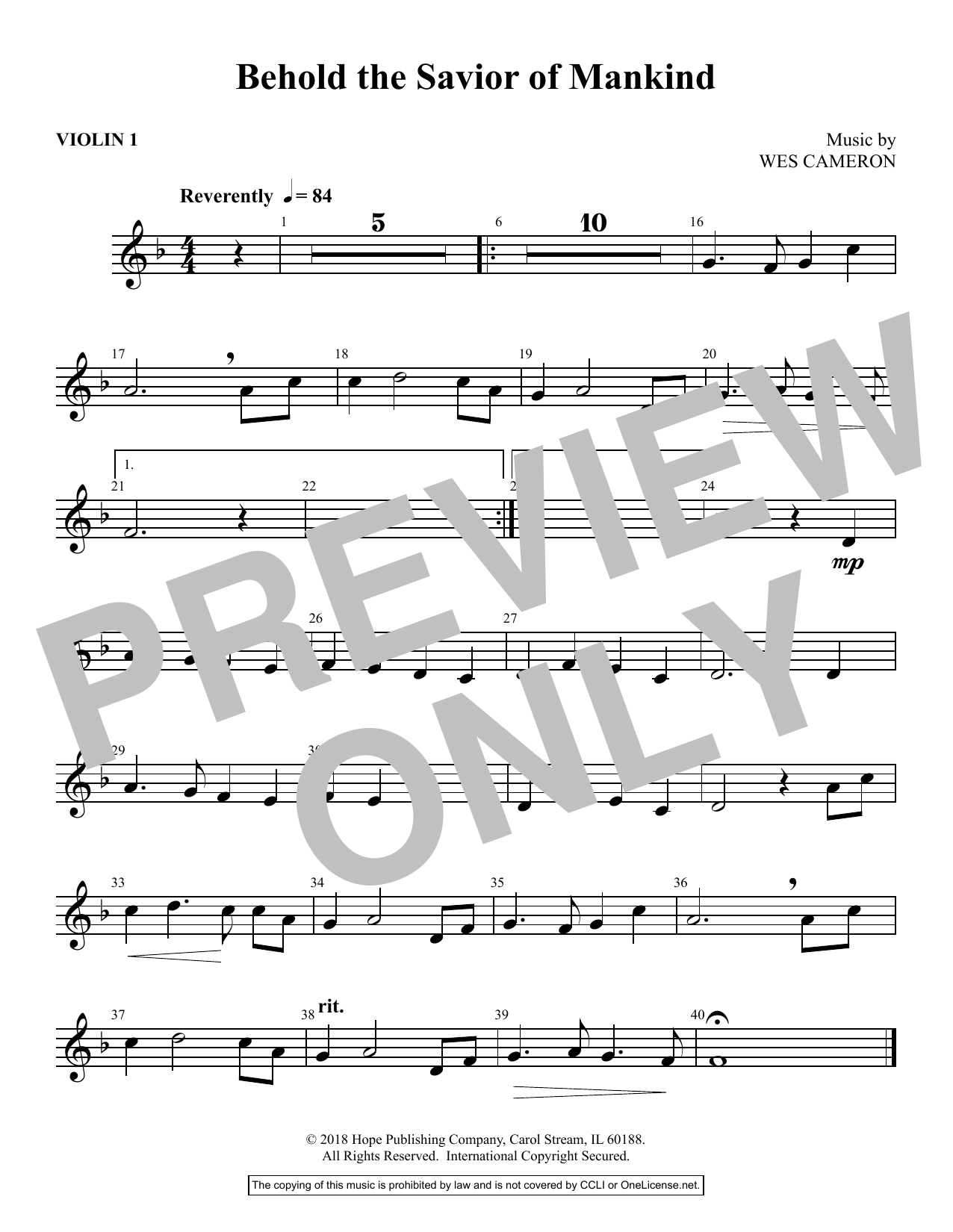 Download Wes Cameron Behold the Savior of Mankind - Violin 1 Sheet Music