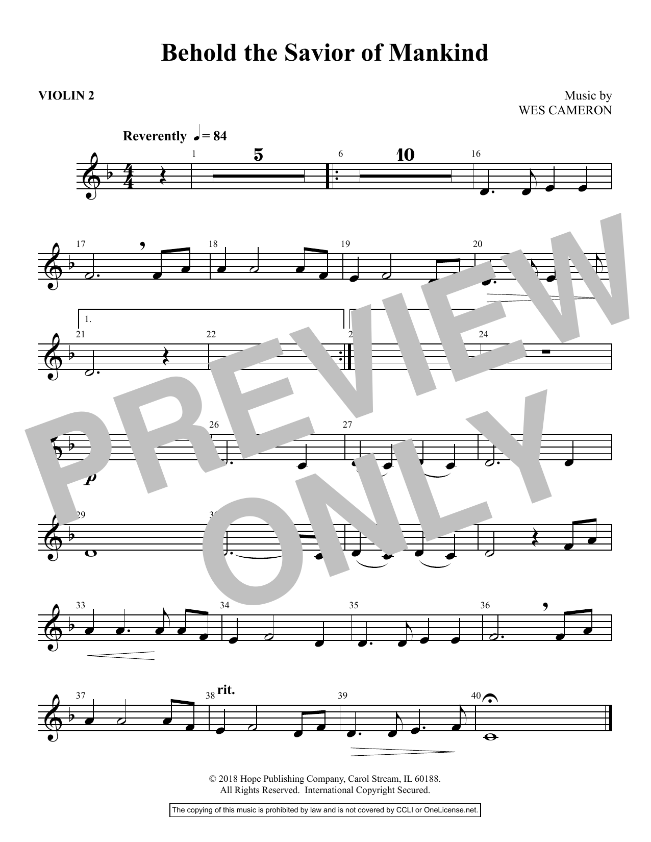 Download Wes Cameron Behold the Savior of Mankind - Violin 2 Sheet Music