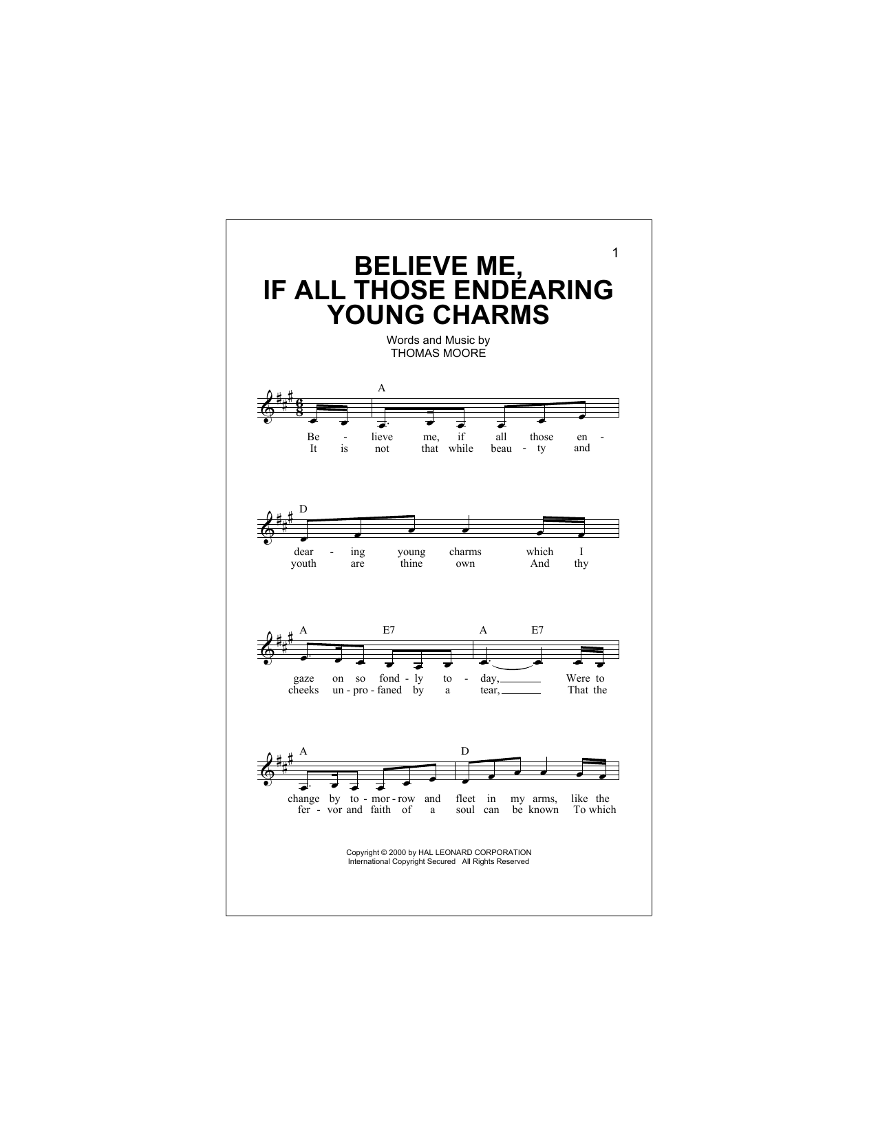 Download Thomas Moore Believe Me, If All Those Endearing Youn Sheet Music