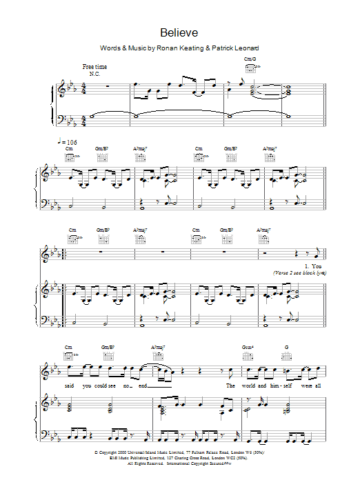 Ronan Keating Believe sheet music notes printable PDF score