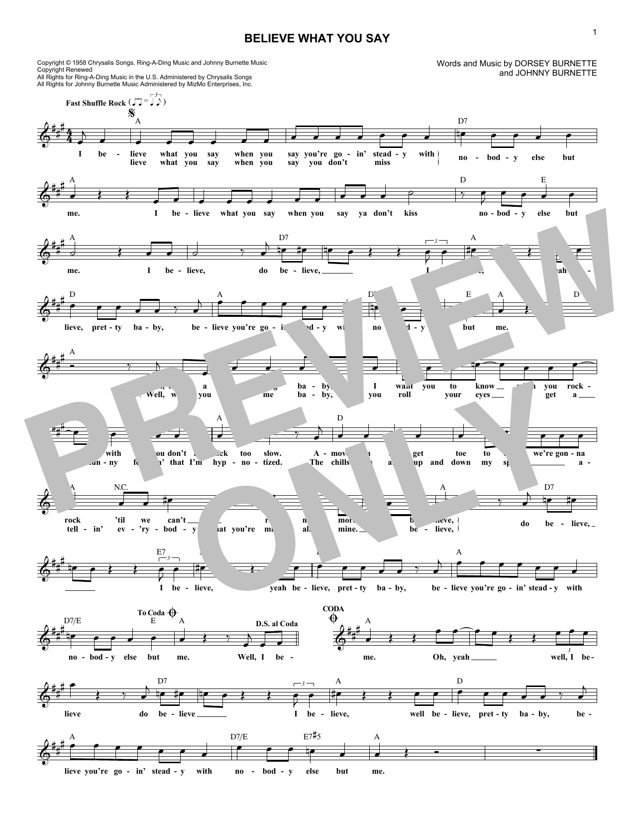 Download Ricky Nelson Believe What You Say Sheet Music