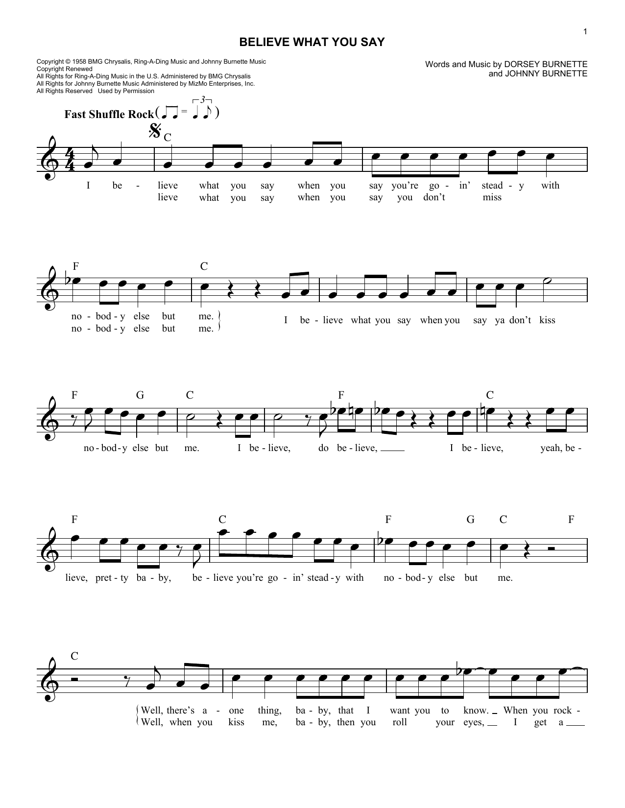 Download Ricky Nelson Believe What You Say Sheet Music
