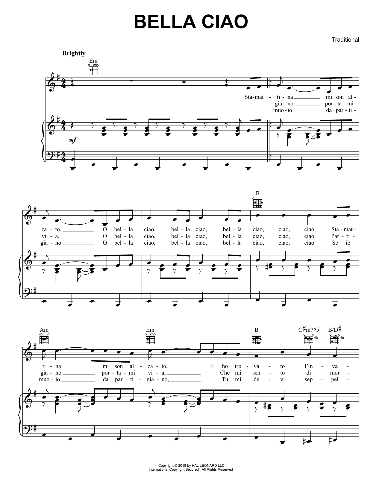 Download Traditional Bella Ciao Sheet Music