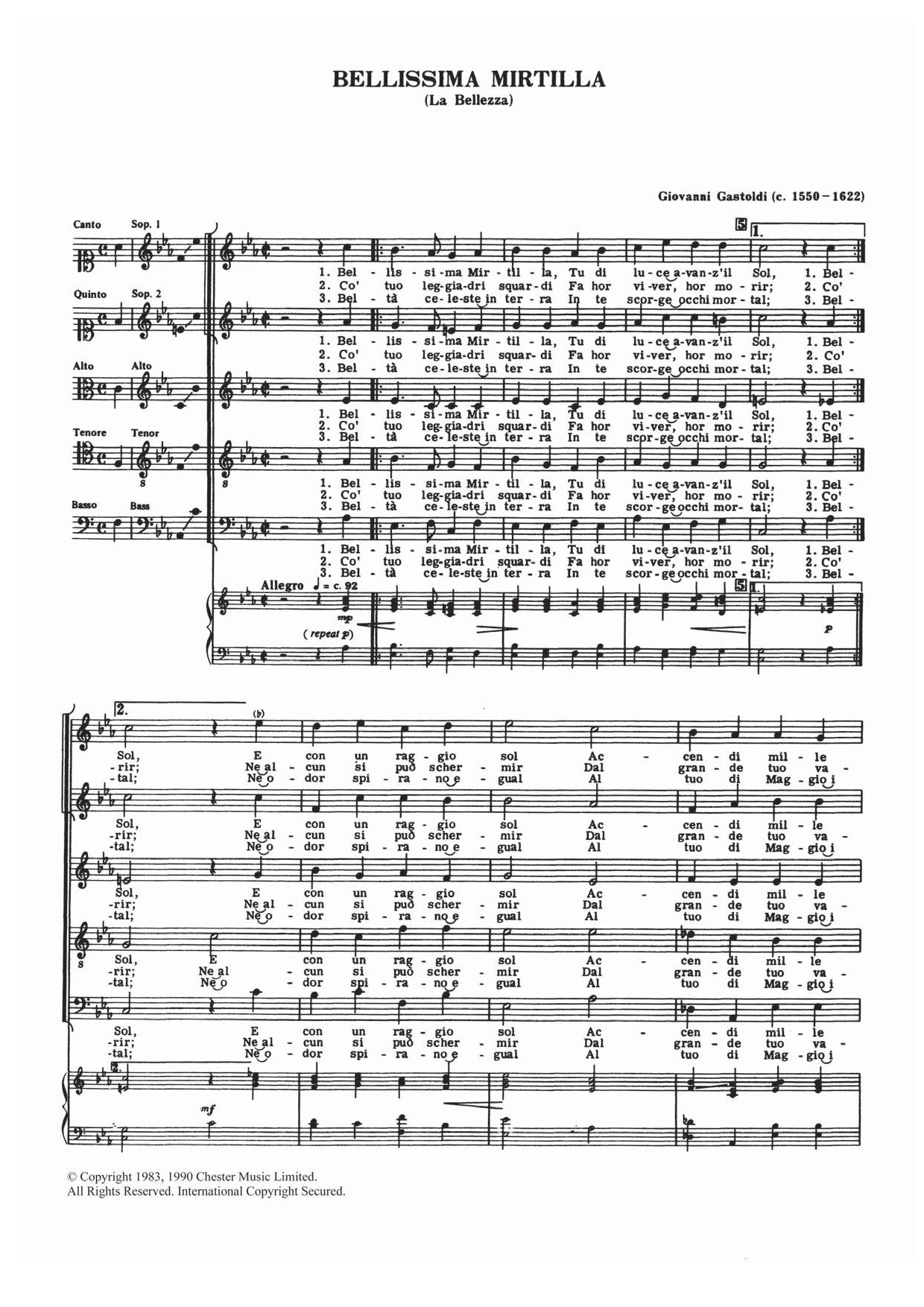 Download Giovanni Giacomo Gastoldi Bellissima Mirtilla Sheet Music