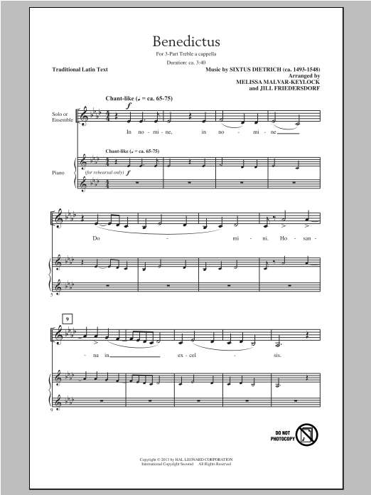 Download Sixtus Dietrich Benedictus (arr. Jill Friedersdorf and Sheet Music