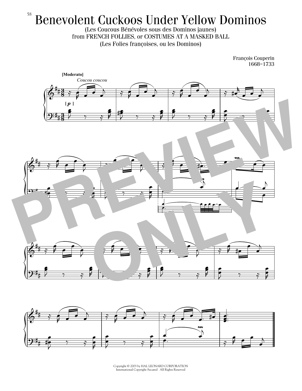Francois Couperin Benevolent Cuckoos Under Yellow Dominos sheet music notes printable PDF score