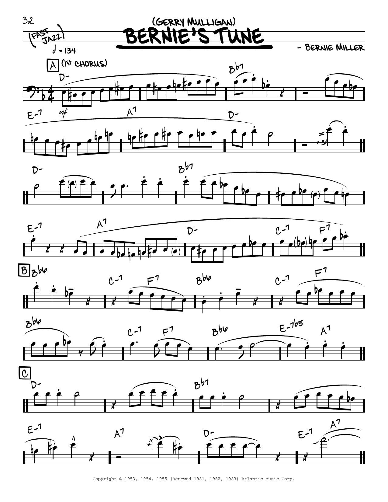Download Gerry Mulligan Bernie's Tune (solo only) Sheet Music