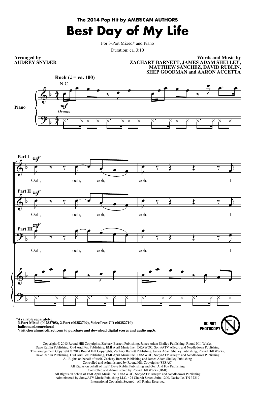 Download American Authors Best Day Of My Life (Arr. Audrey Snyder Sheet Music
