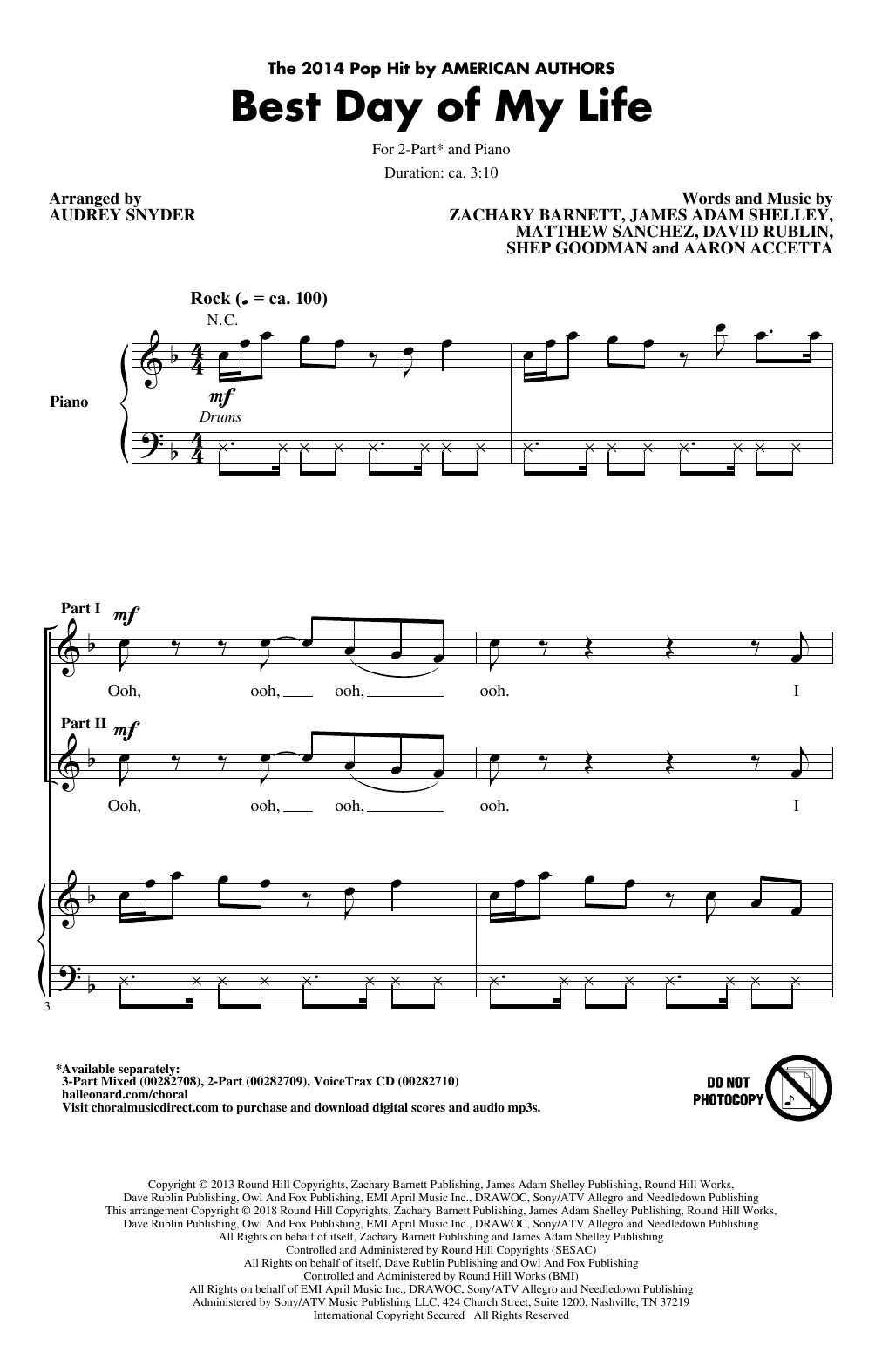Download American Authors Best Day Of My Life (arr. Audrey Snyder Sheet Music