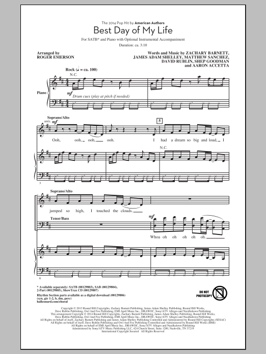 Download American Authors Best Day Of My Life (arr. Roger Emerson Sheet Music