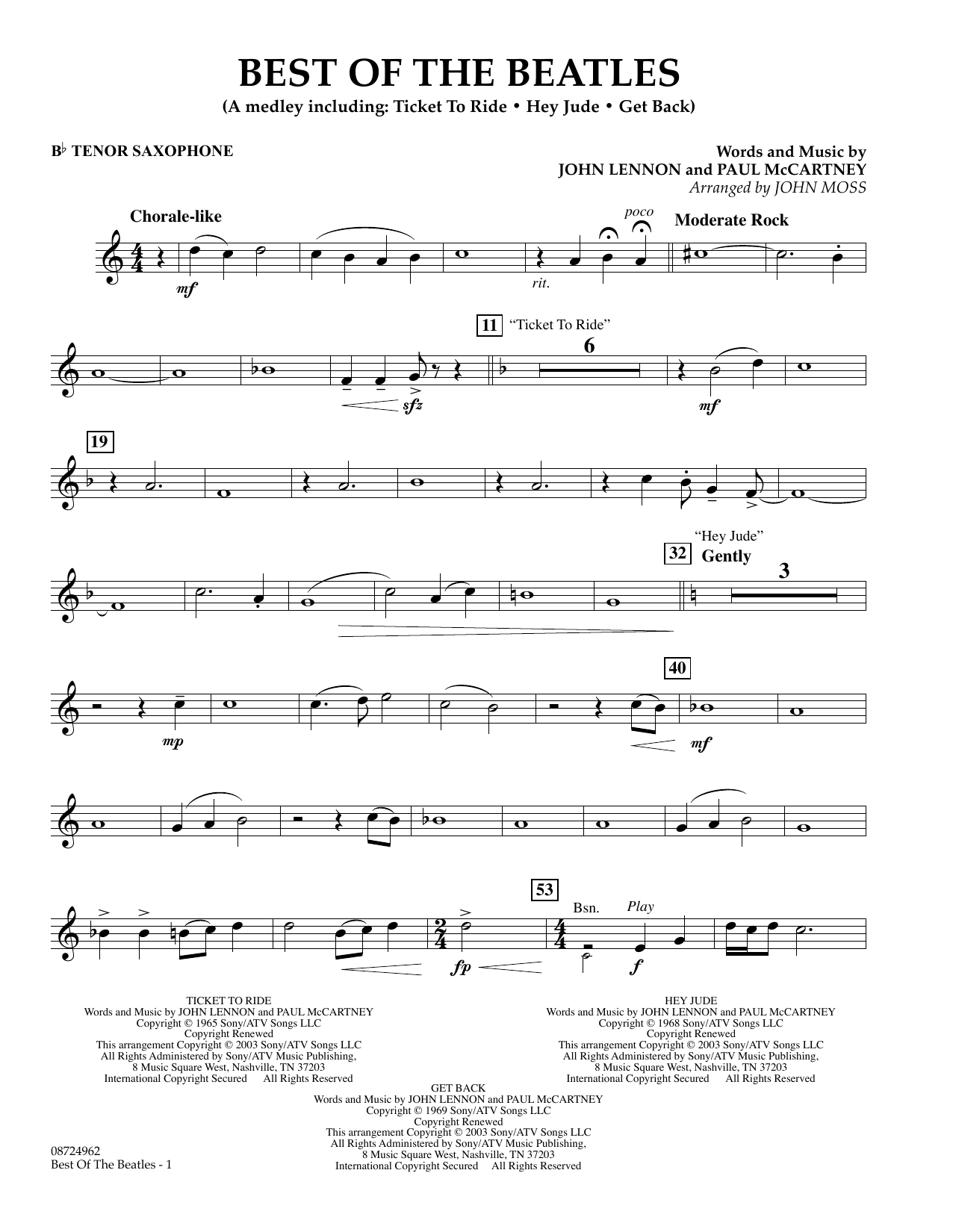 Download John Moss Best of the Beatles - Bb Tenor Saxophon Sheet Music