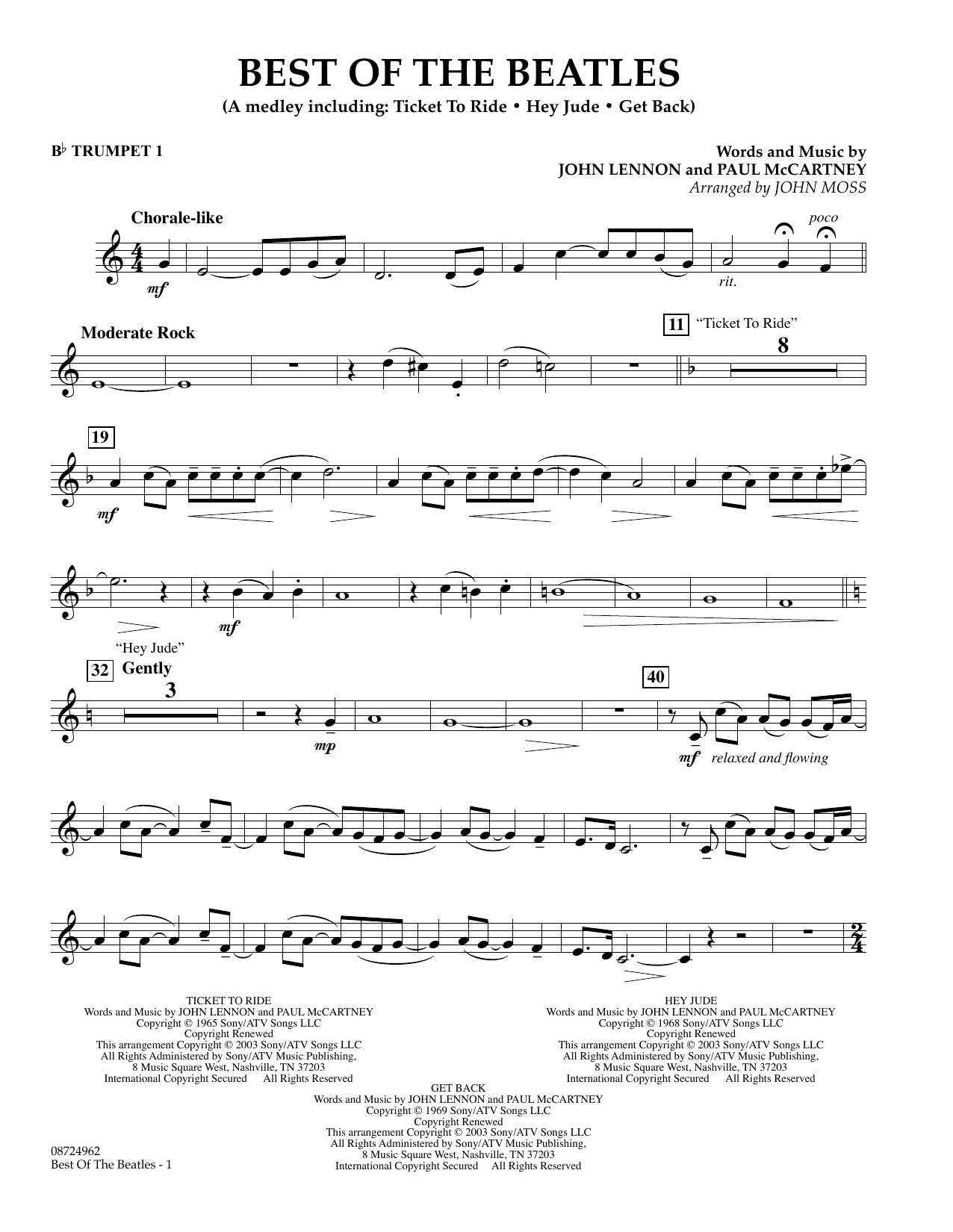 Download John Moss Best of the Beatles - Bb Trumpet 1 Sheet Music