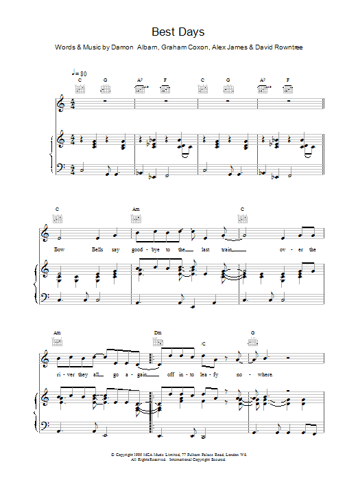 Blur Best Days sheet music notes printable PDF score