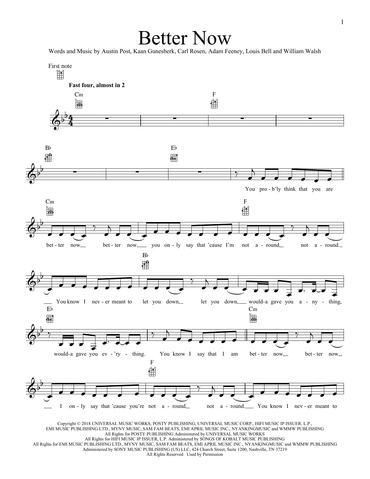 Post Malone Better Now sheet music notes printable PDF score