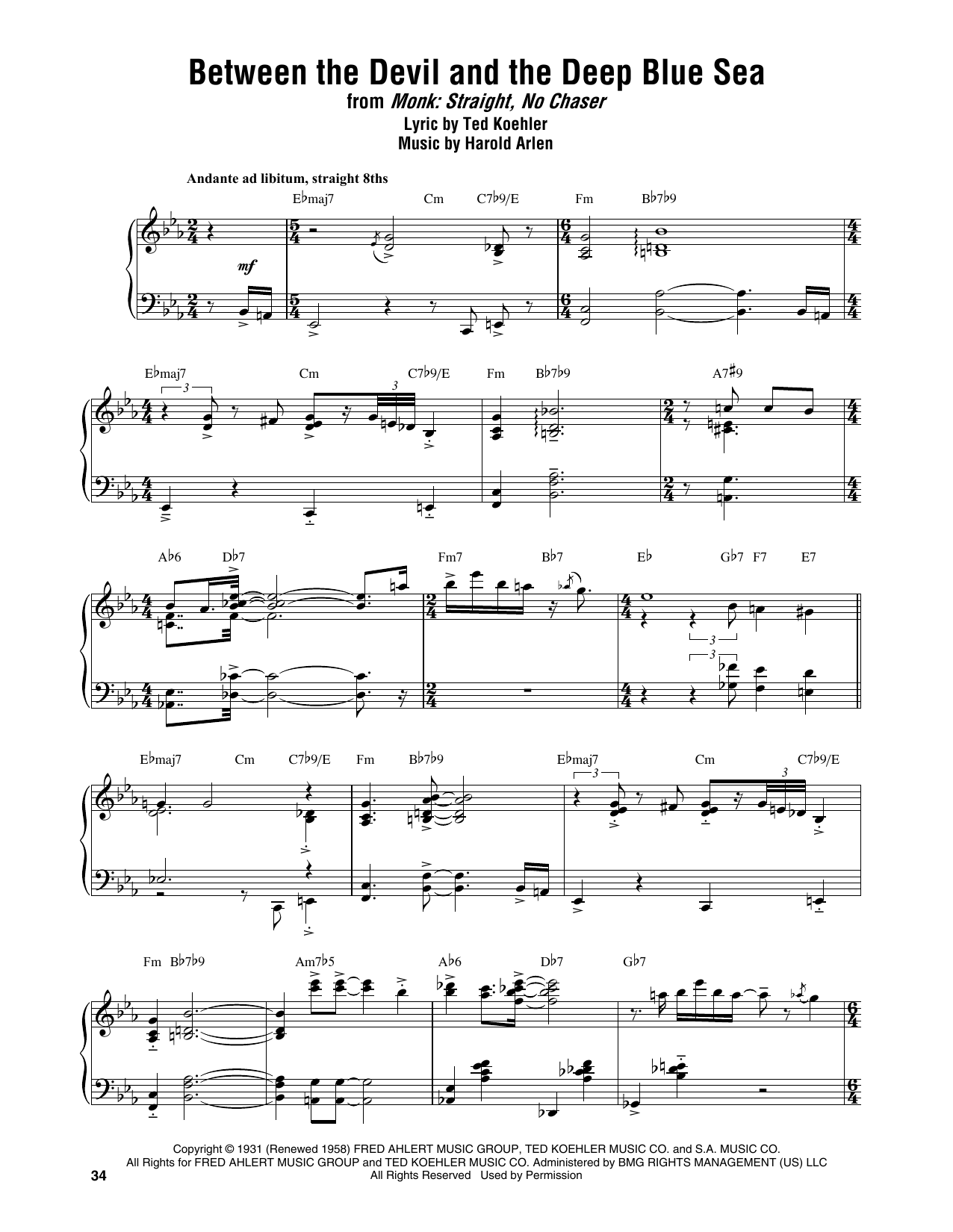 Download Thelonious Monk Between The Devil And The Deep Blue Sea Sheet Music